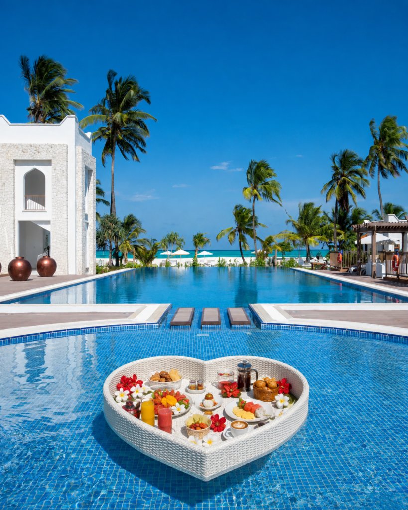 A heart shaped basket with breakfast floating in a pool.
